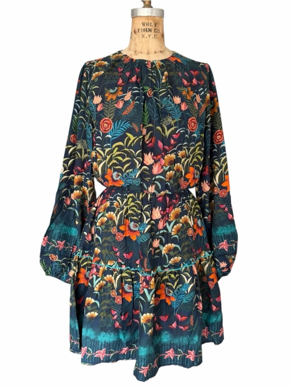 Celina Moon Teal Botanical Floral Long Sleeve Tiered Mini Dress Size M
